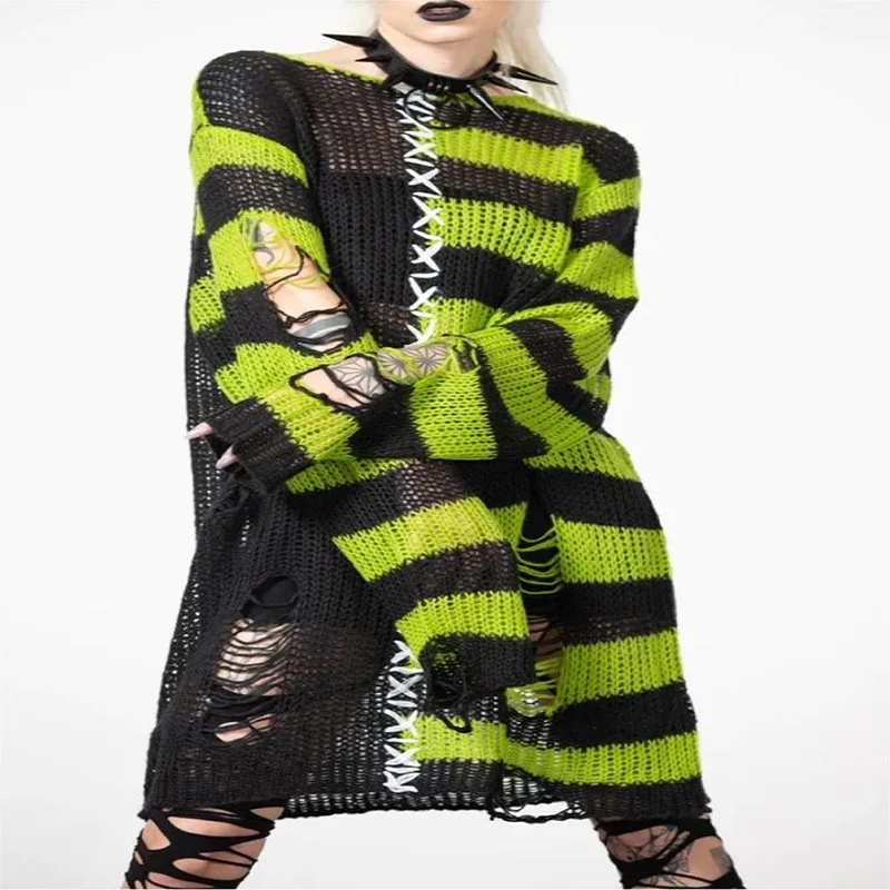 

New Halloween Punk Ripped Long Sweater For Women's Fashion, Loose Striped Contrasting Color Pullover, Long Sleeved Knit Sweater
