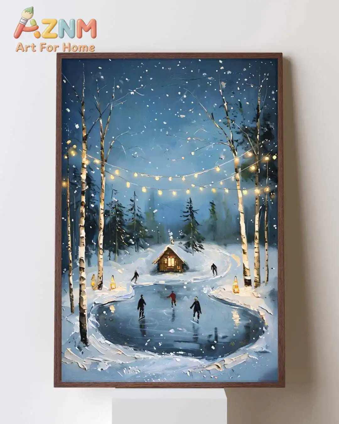 Modern Cozy Winter Christmas Art Ice Skating Poster Frameless Vintage Christmas Snowy Cottage Scene Poster for Living Room Decor
