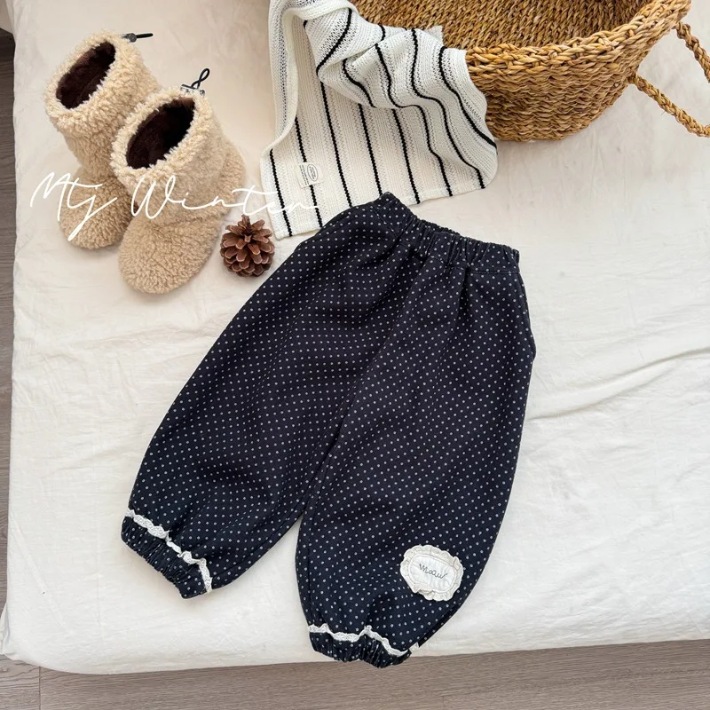 

2025 Winter New Children Fleece Polka Dot Trousers Baby Plus Velvet Thick Warm Pants Girls Lace Casual Jeans Loose Kids Clothes