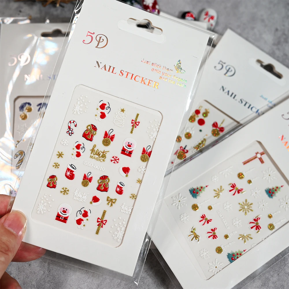 1pcs Gold Silver Glitter Christmas Nail Art Stickers White Snowflakes Bow Snowman 5D Nail Decals Shiny Christmas Tree Manicure N