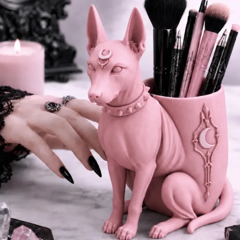 1-Pack 3D Relief Anubis Dog Makeup Brush Holder, Decor Ornament for Home Desktop, Spiritual Collectible Gift for Table Display