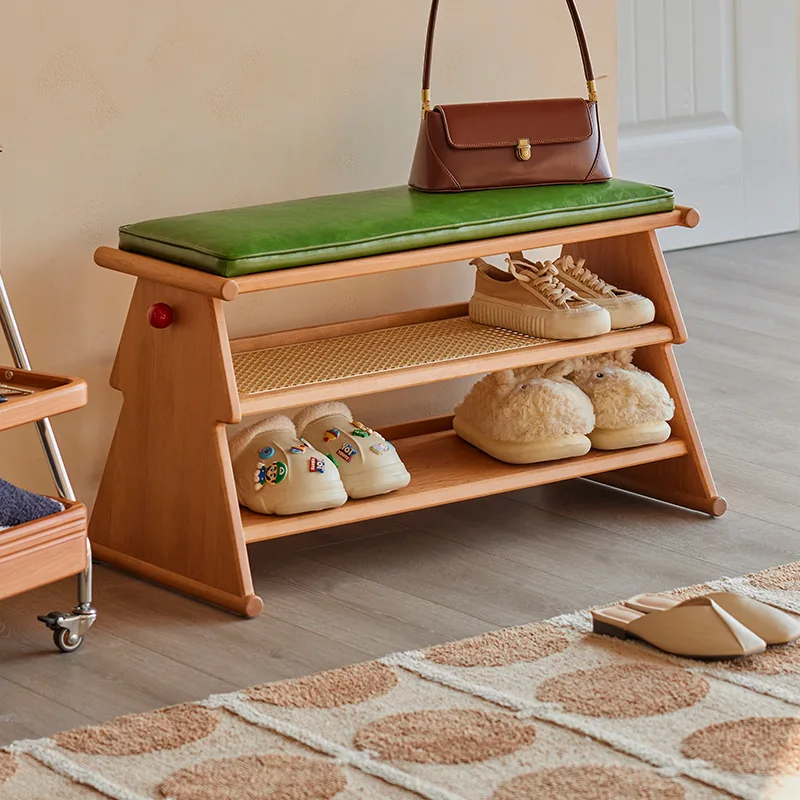 

Solid wood shoe stool entrance home door light luxury cherry wood shoe stool Nordic door cushion