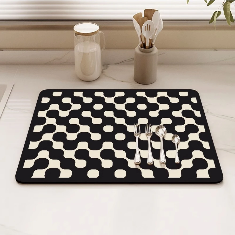 Retro Black Beige Geometric Dish Drying Mat Non-Slip Super Absorbent Quick Dry Pad Kitchen Counter Sink Draining Washable Mat