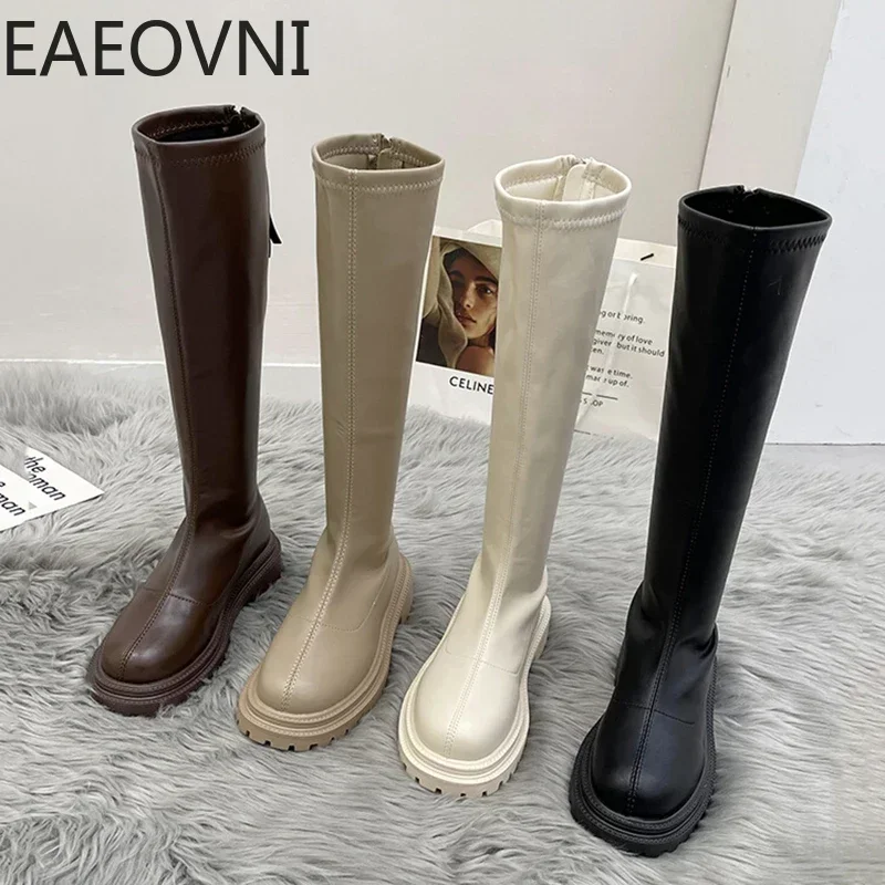 Botas largas de piel sintética para mujer, Botines de tacón plano con cremallera, antideslizantes, hasta la rodilla, otoño e invierno, 2024