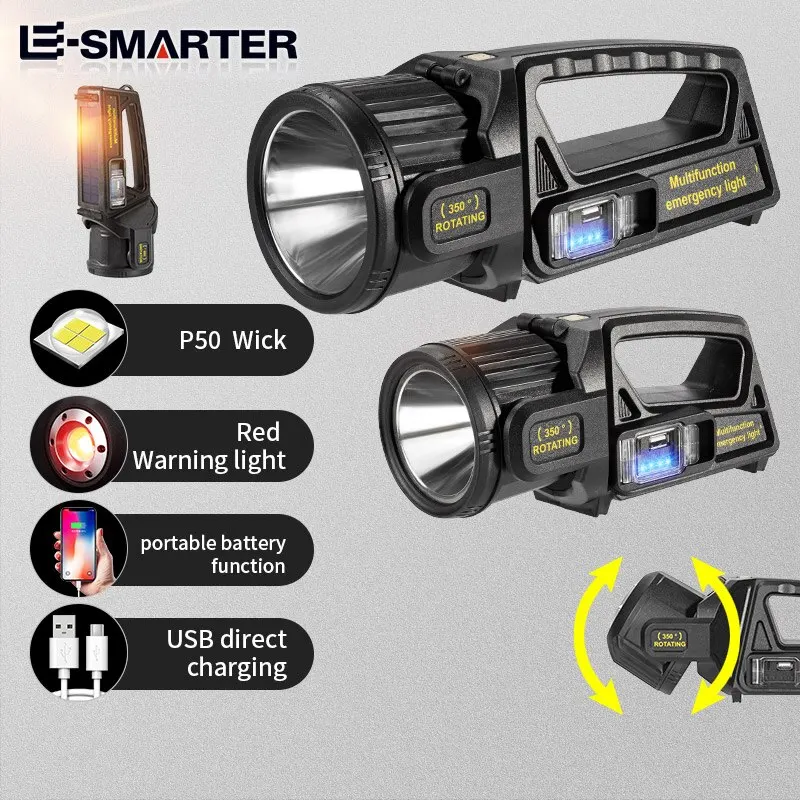 P50 Solar Charging Portable Powerful LED Flashlight Handheld Searchlight USB Rechargeable Spotlight Waterproof Torch Light