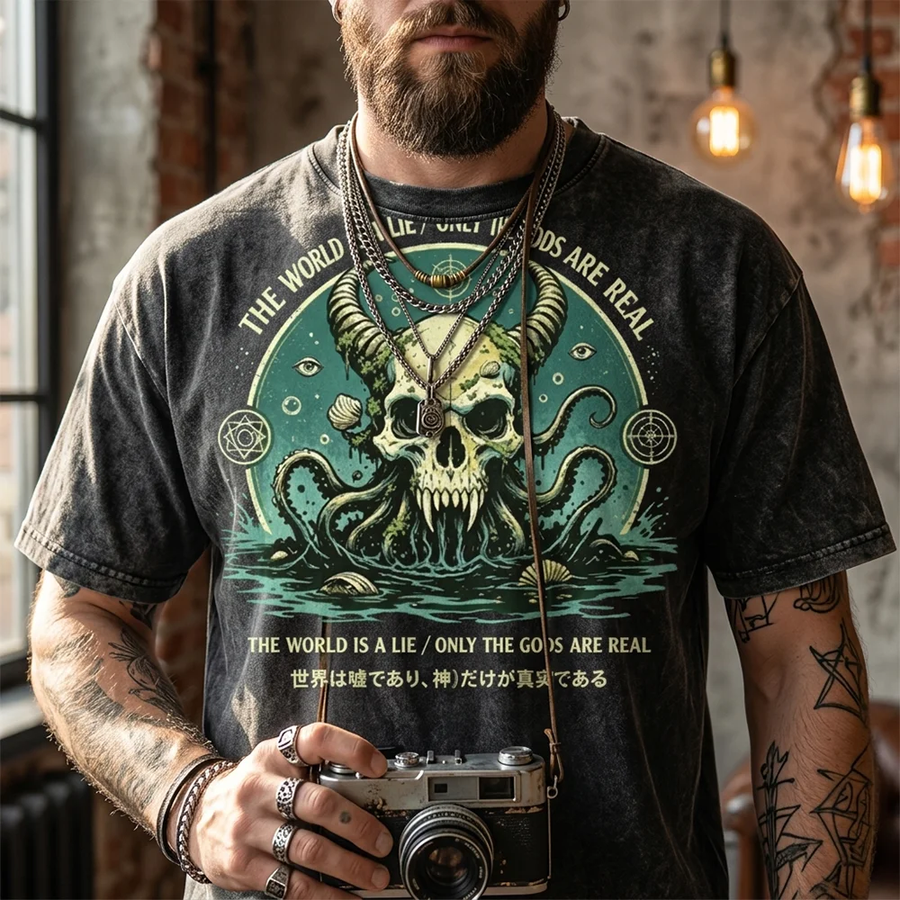 Men Vintage Skull Octopus Graphic T Shirt Gothic Sea Monster Print Short Sleeve Casual Streetwear Top
