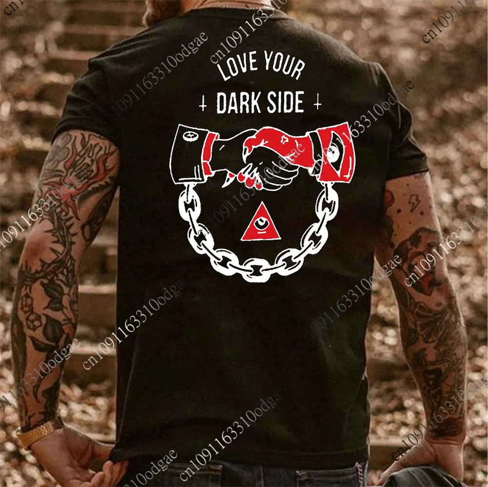 

LOVE YOUR DARK SIDE Shaking Hands Graphic White Print T-shirt Men Harajuku Street Tops Summer Casual Cotton T Shirt Men Women