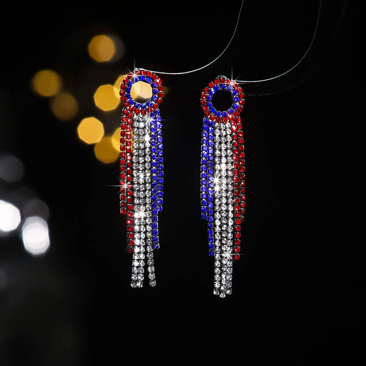 Trendy long fringed earrings women's all-copper imported rhinestone geometric round stud earrings ear jewelry