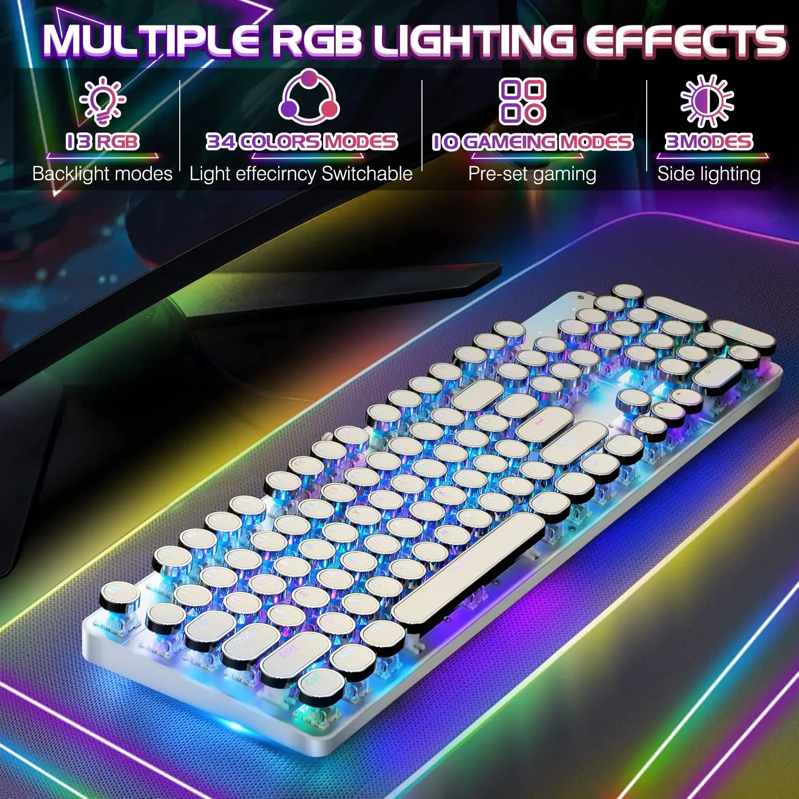 Typewriter Style  Mechanical Gaming Keyboard rgb Backlit Wired with Blue Switch Retro Round Keycap 104 Keys Keyboard