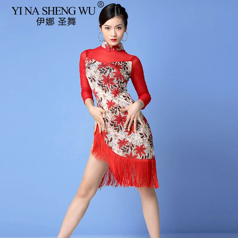 

New Adult Latin Dance Dress Women Sexy Cheongsam Printed Tassel Dress Cha Cha Tango Professional Competition Dance Dress Costume
