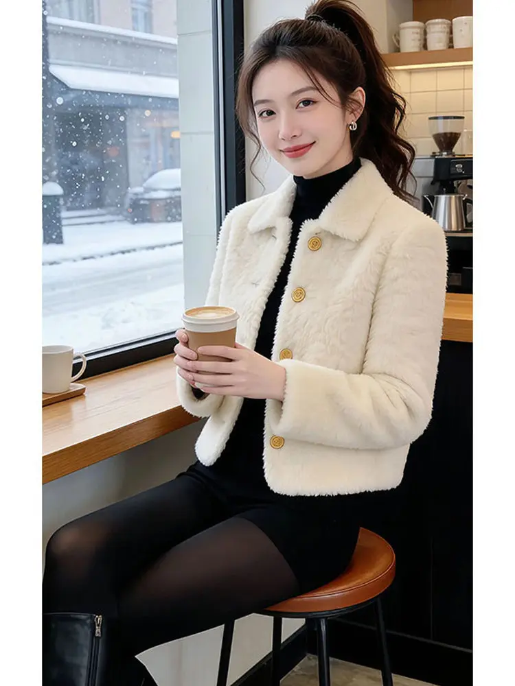 Cappotto Corto in Pelliccia d'Agnello Color Pera Stile Coreano per Signore, Nuova Collezione Autunno Inverno, Taglia Piccola
