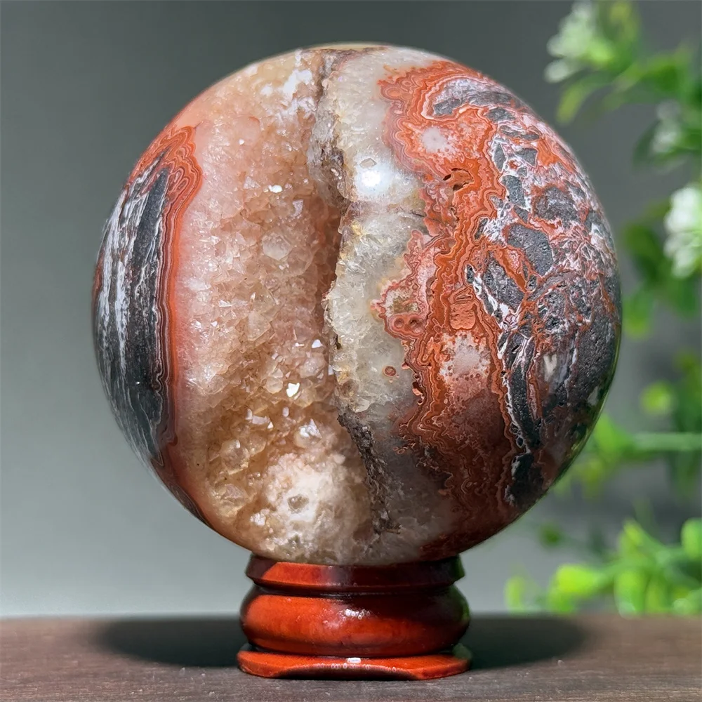 Natural Mexican Agate Mineral Quartz Ball Energy Spiritual Meditation Healing Witchcraft Home Decoration Lucky Gift+Base