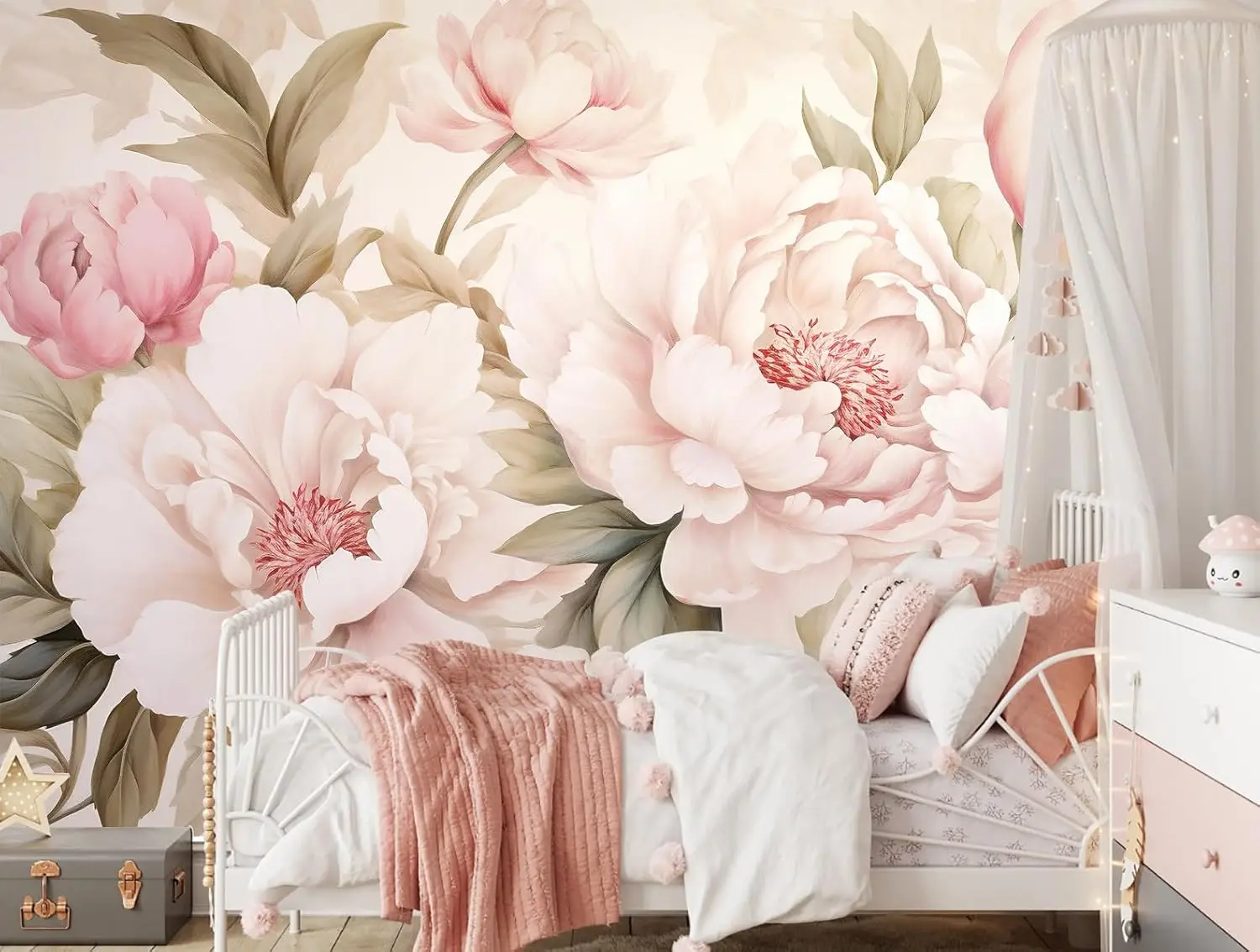 Elegant Peony Floral Mural Wallpaper Vanity Desk Makeup Table Set for Romantic Bedroom Bathroom Room Decor