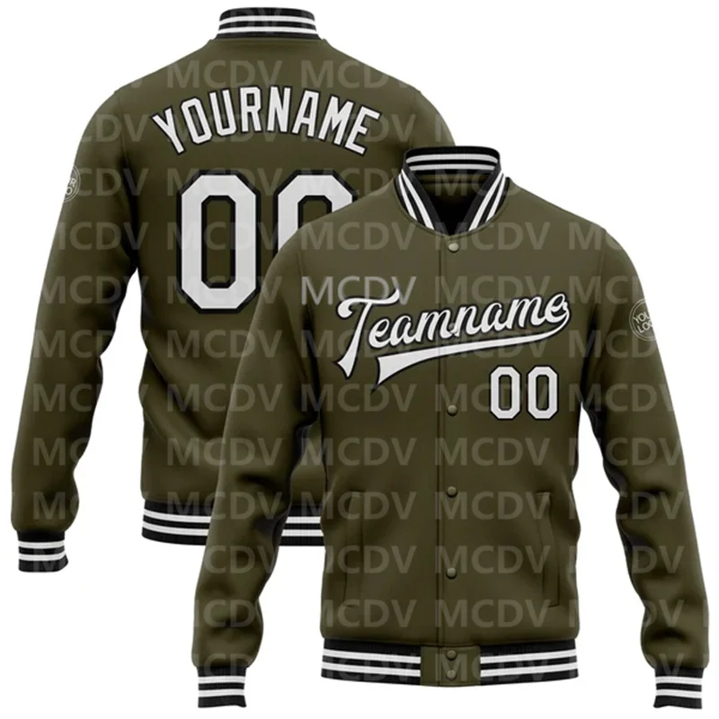 

Custom Olive White-Black Bomber Full-Snap Varsity Letterman Salute To Service Jacket Baseball Button Jacket