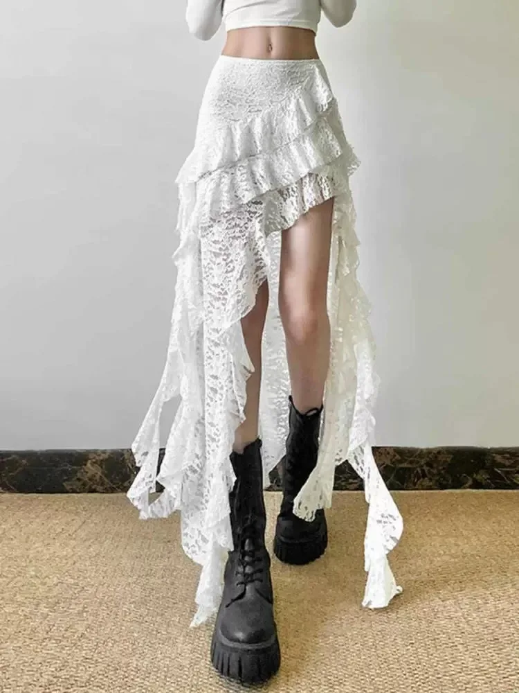 Asymmetric Black Lace Half Skirt with Slit And Pleated Design Korean Style Commute A-Line Skirt for Young Women