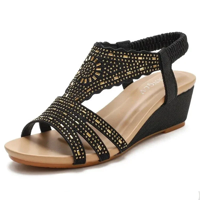 Sandali con zeppa in pelle Sandali da donna con design casual con strass Estate Best Street Look Scarpe open toe con testa quadrata femminile