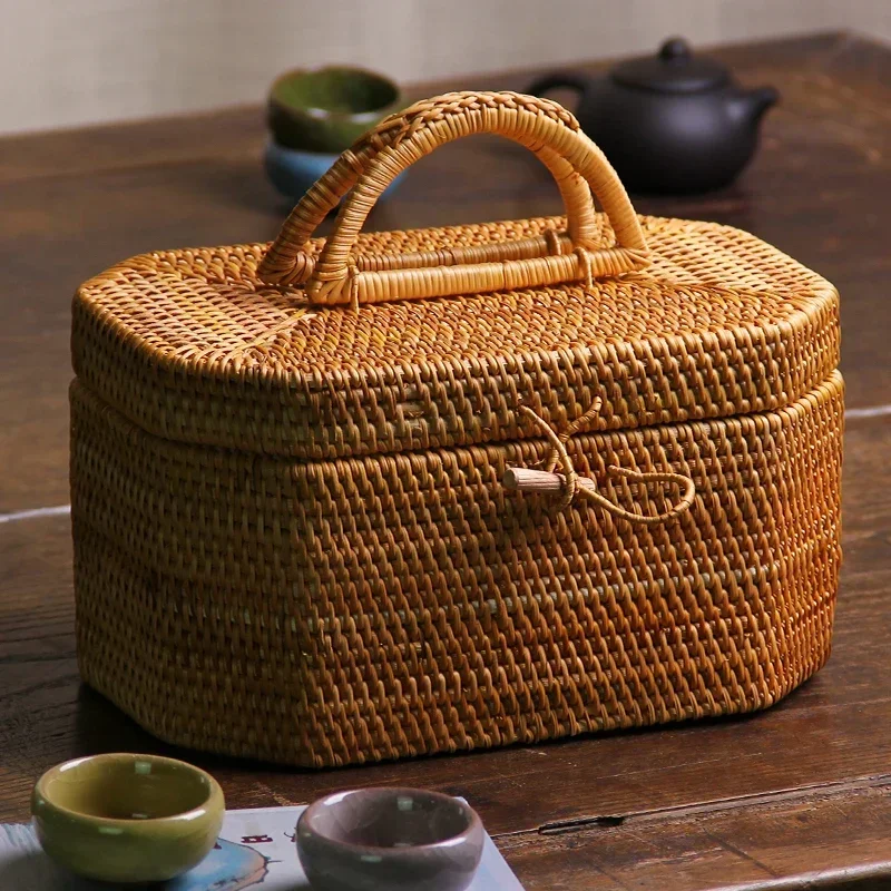 

Rattan Storage Box Handwoven Wicker Ornament Box With Handle Tea Food Container Picnic Bread Fruit Cake Basket Kitchen Organizer