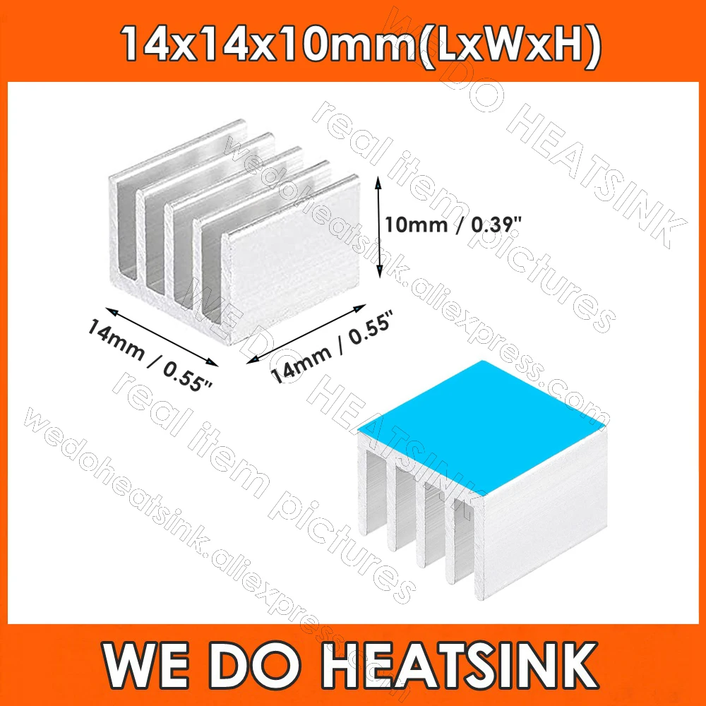 

14x14x10mm Silver Heatsink 0.55x0.55x0.39 inches with Thermal Conductive Adhesive Tape for Raspberry pi Electronic Chip MOS IC