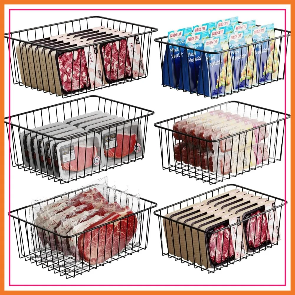 

Freezer Organizer Bins - 6 Pack for 16 Cu.Ft Upright Freezer, Slide-Out Storage Baskets for Meat & Veggies, Prevents Items Falling, 3 Large 3 Medium