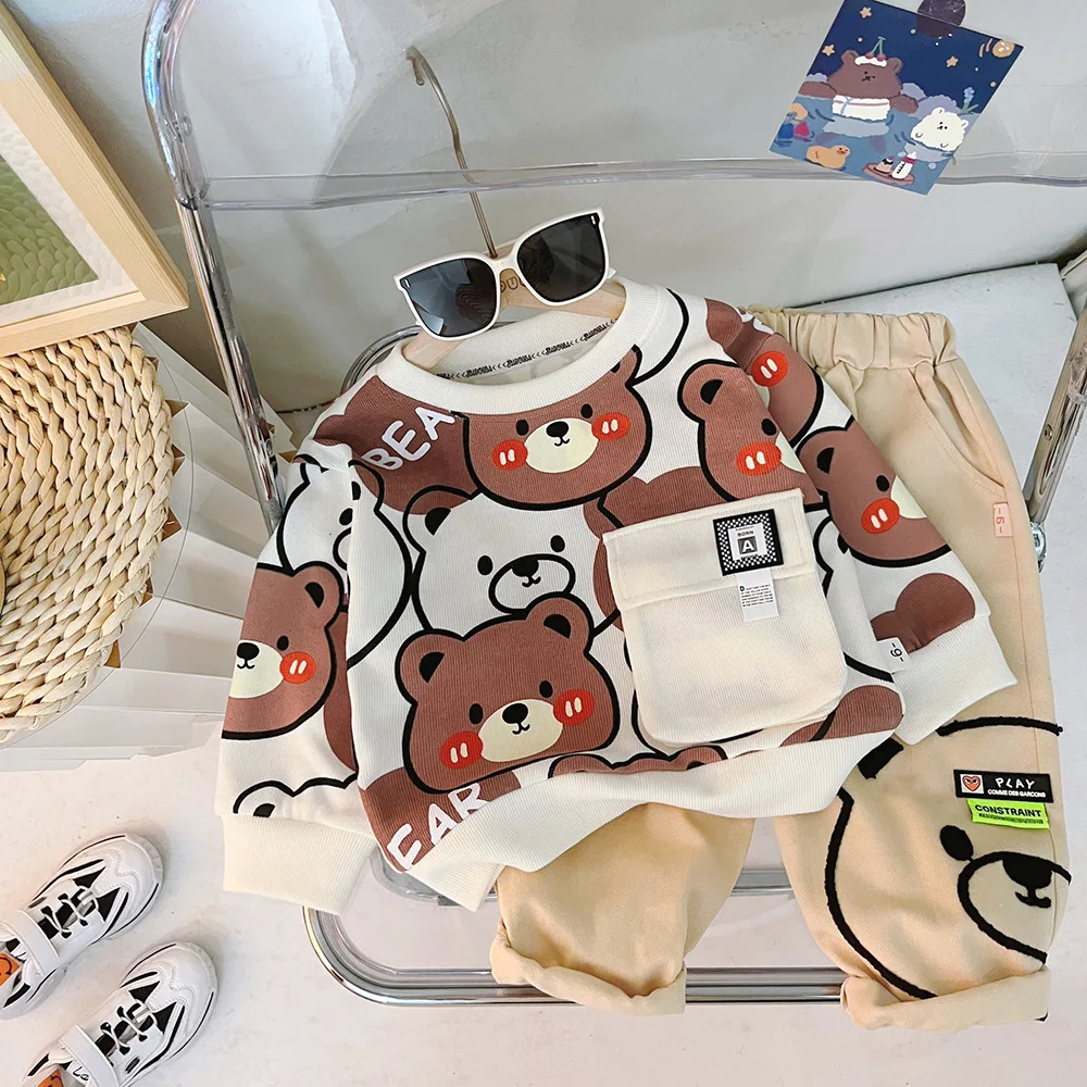 2024 Spring New Baby Boys Clothing Sets Cartoon Bear Long Sleeve Round Neck Sweatshirt + Sweat Pants Children\'s Casual Clothes