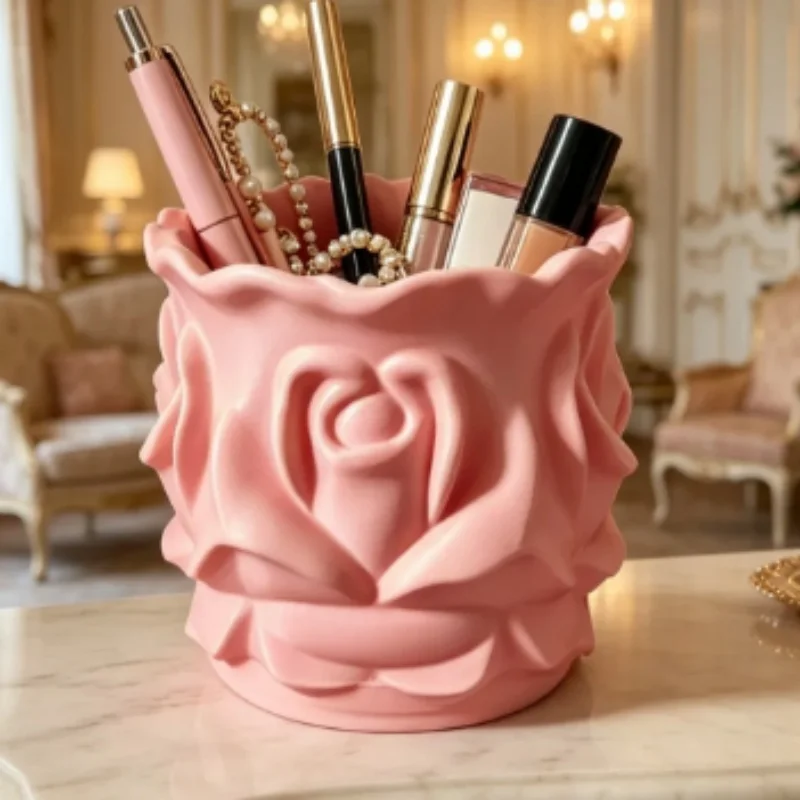 3D Printed Rose Pen Holder Plastic Flower‑shaped Makeup Brush Storage Bucket Desktop Cosmetic Organizer Home Decor Gift