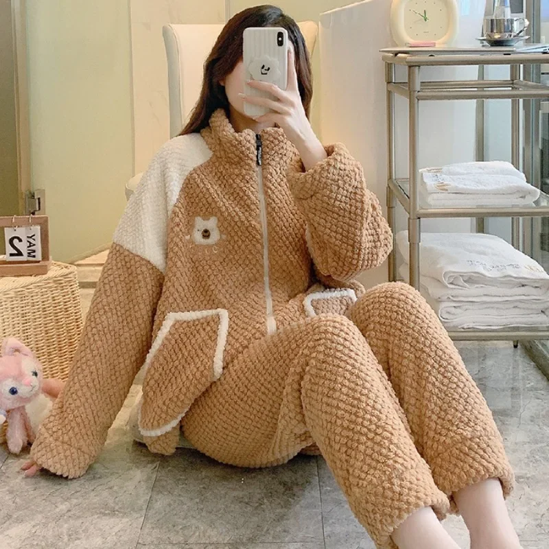 5XL плюс размер пижамы из кораллового флиса женские зимние утолщенные теплые пижамы пальто на молнии брюки наряды корейская уютная домашняя одежда