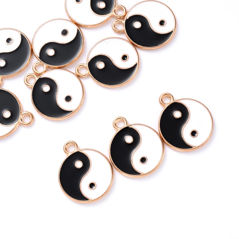 10Pcs Flat Round Oil Dripping Enamel Tai Chi Yin Yang Style Alloy Metal Pendant Charms for Jewelry Making Bracelet Accessories