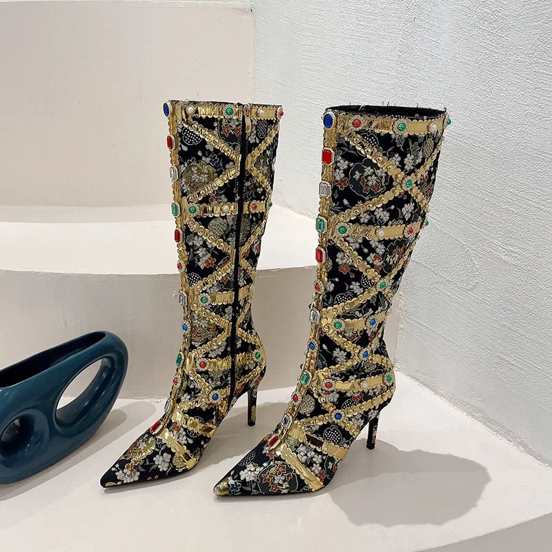 Woman Luxury Boot Runway Fashion Rhinestone Gem Knee High Boots 8.5CM Thin Heel Sexy Pointed Toe Zip Party Stripper Heels Shoes