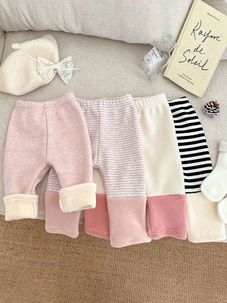 2025 Winter New Baby Fleece Leggings Cotton Infant Girl Thick Warm Trousers Children Elastic Pants Toddler Striped Leggings