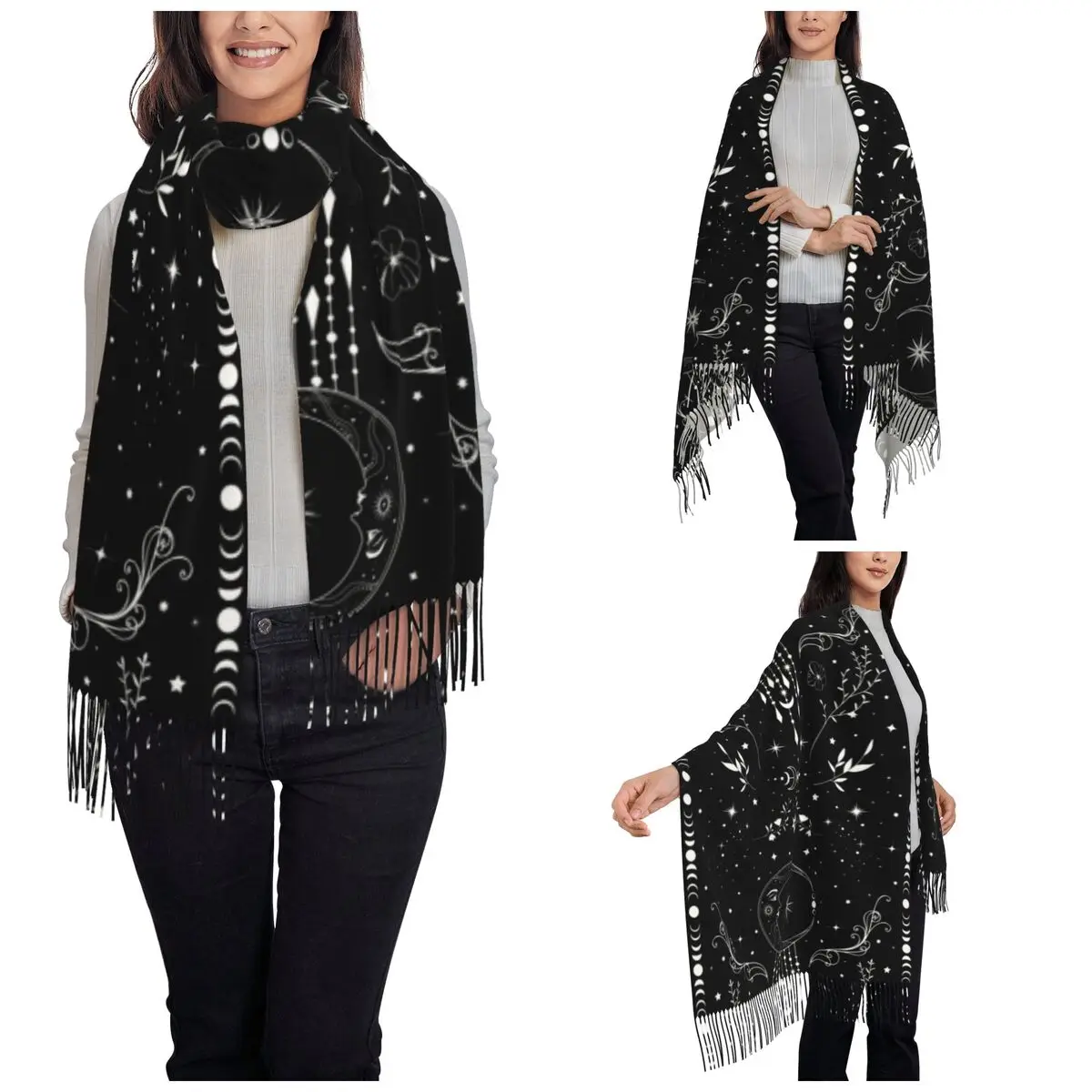 Women's Tassel Scarf Vintage Zodiac Tarot Large Winter Warm Shawl and Wrap Sun Moon Daily Wear Pashmina Scarves