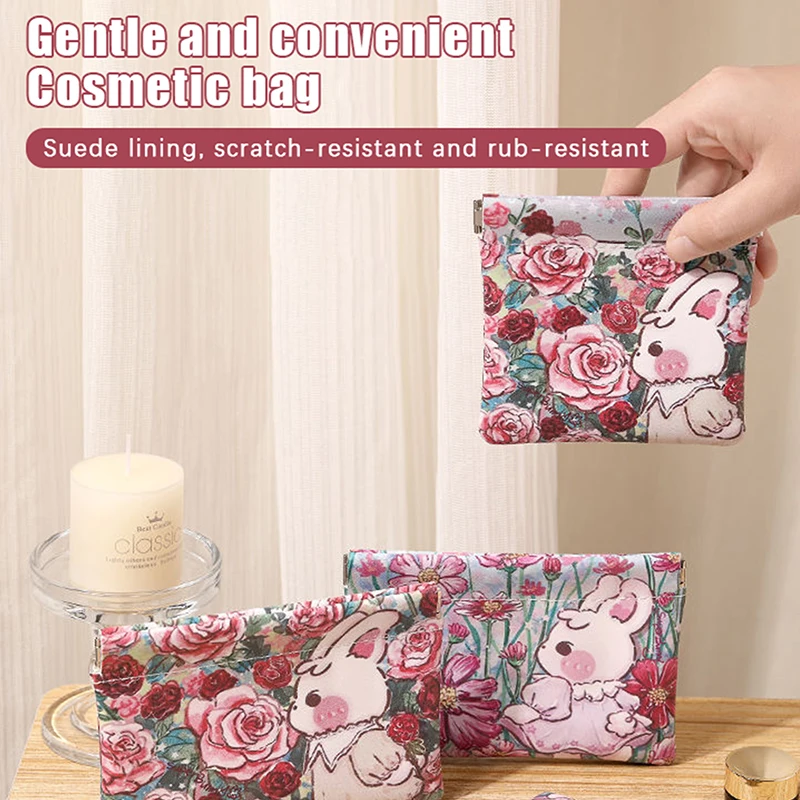 Waterproof Flower&Rabbit Printed Travel Toiletry Makeup Pouch Organizer Bag Women Self-closing Portable Clutch Coin Purse