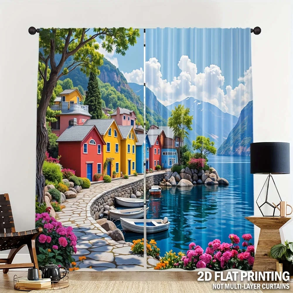 Vivid Lakeside Color Town Curtain 2 Panels Blooming Flowers Boat Mountain Inn Room Curtain Dreamy Holiday Bedroom Home Decor