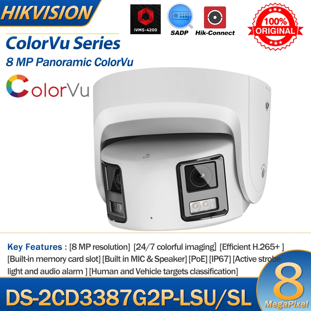 Hikvision IP Camera 8MP Panoramic DS-2CD3387G2P-LSU/SL 4K Security Double Lens ColorVu Turret  Color Night Built-in Mic Speaker