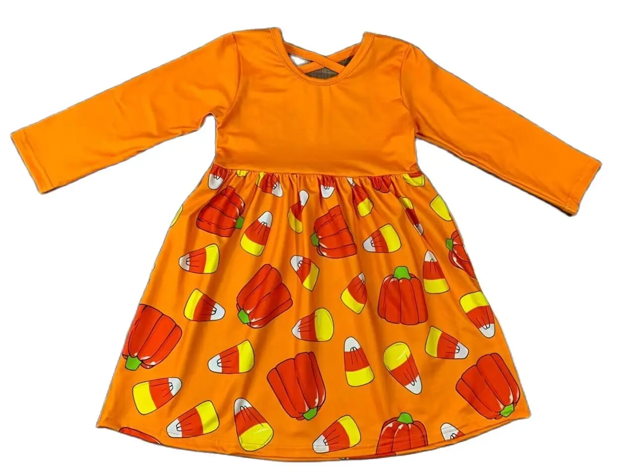 Halloween Girl Dresses Boutique Baby Girl Clothes Candy Print Orange Long Sleeve Dress Infant Toddler Fall Item