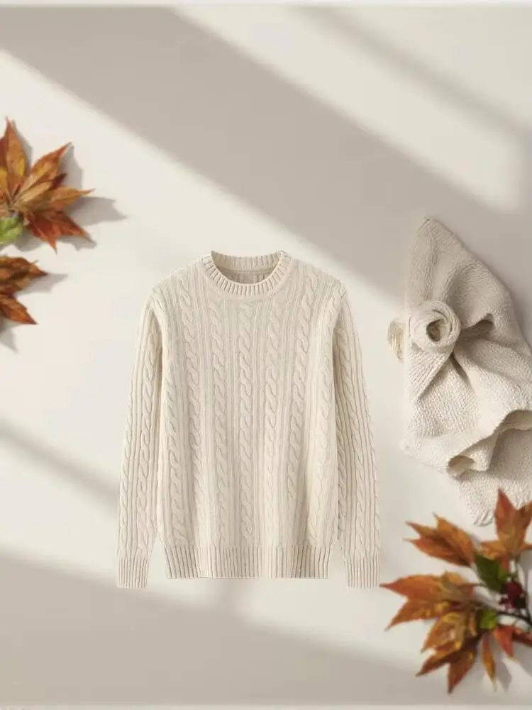 Thickened 100% pure cashmere sweater men's round neck twisted pattern 7-pin double-strand loose knit bottoming sweater