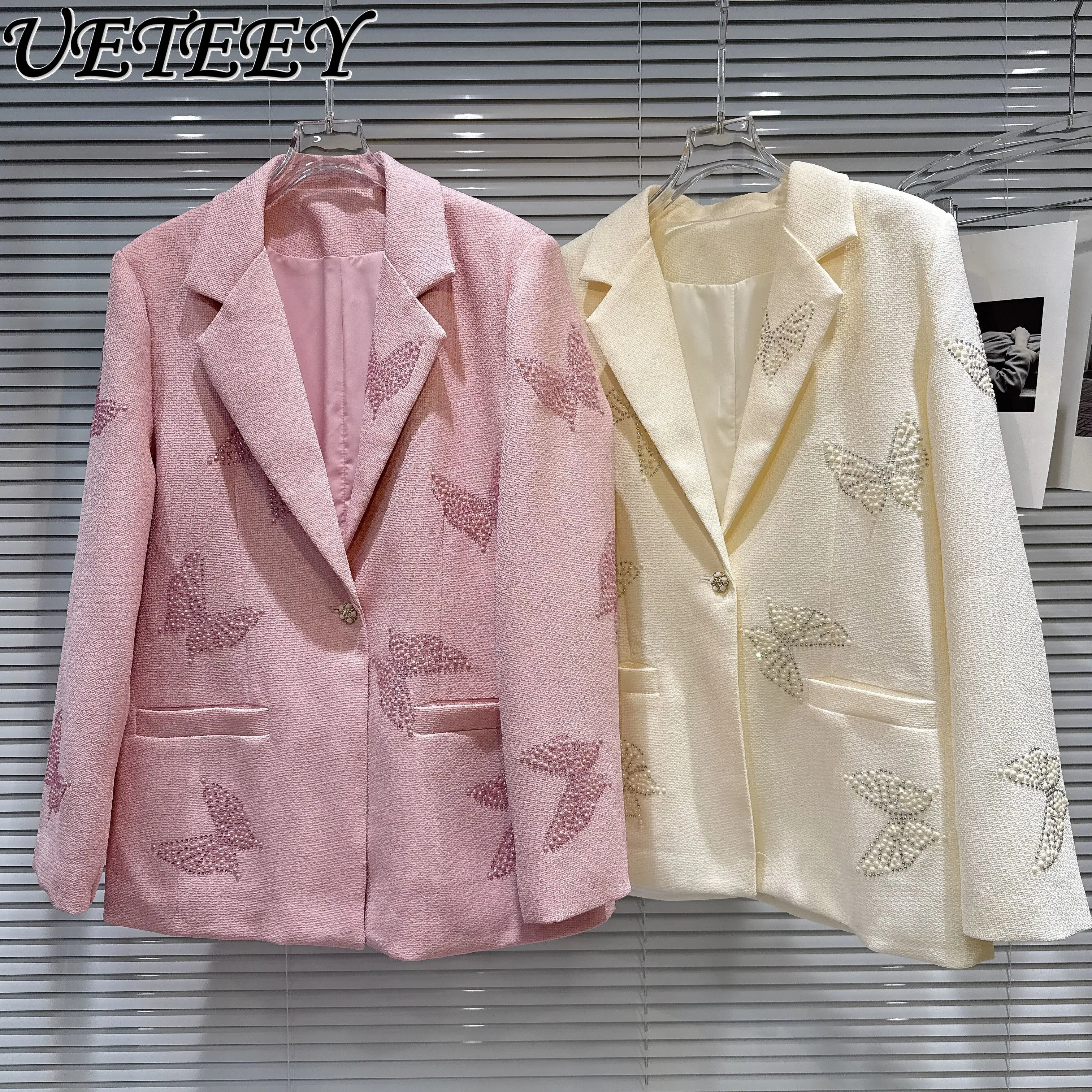 

2025 Autumn Winter New Butterfly Rhinestone Pattern Loose Tweed Blazer Coat Female Solid Color Fashion Women Casual Suit Jacket