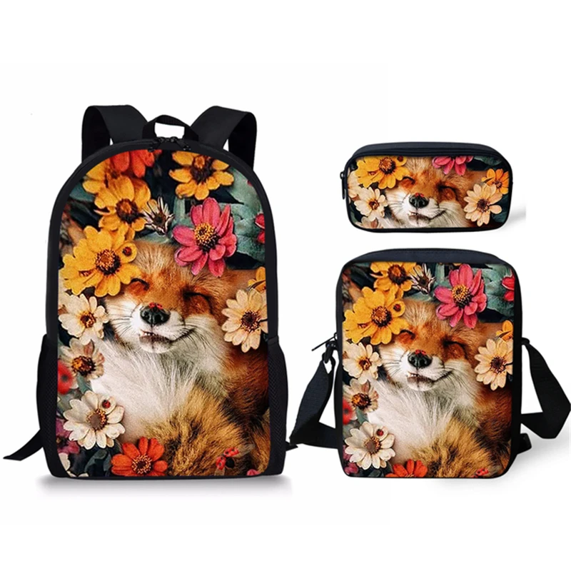 Creative Fashion Novelty Fox Raccoon 3D Print 3pcs/Set Pupil School Bags Laptop Daypack Backpack Inclined Lunch Bag Pencil Case