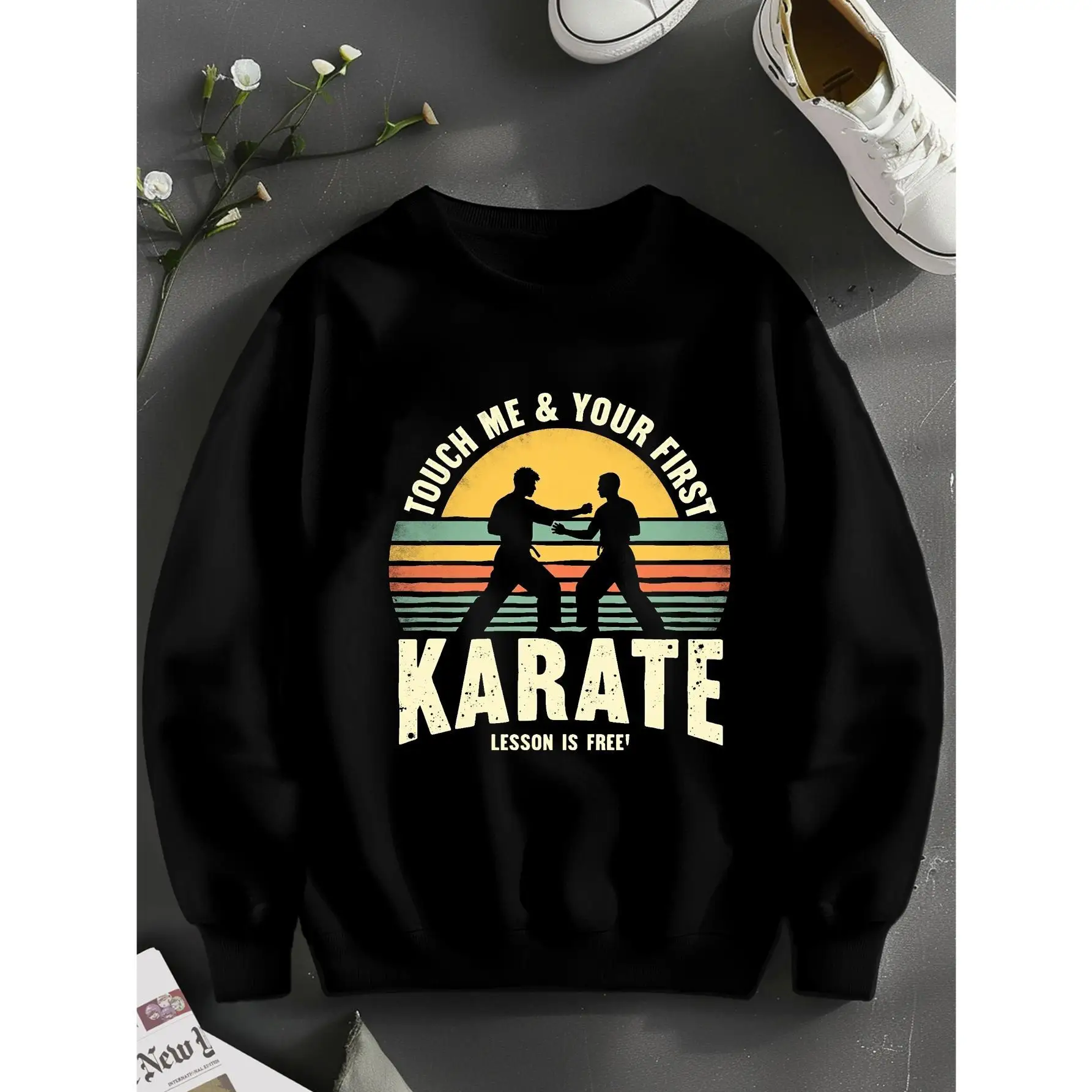 

Funny Karate Sweatshirt Men Women Martial Arts Training Pullover Touch Me & Your First Lesson Is Free Graphic Top