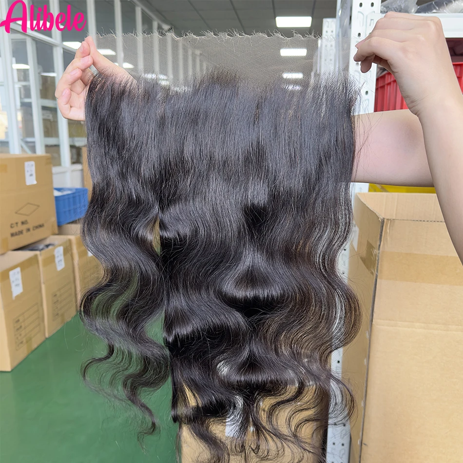 Alibele 13X6 HD Lace Frontal Only Malaysia Body Wave HD Lace Front Closure Pre-Plucked Hairline 150%Density Natural Black 24Inch