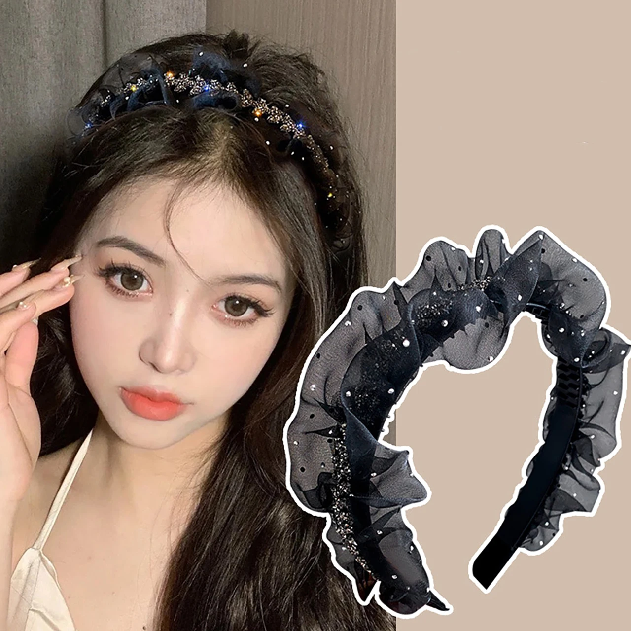 

Блестящие ободки для волос со стразами для девочек, черная широкая сетчатая повязка на голову, нескользящая повязка для умывания, заколка для волос, милый женский головной убор