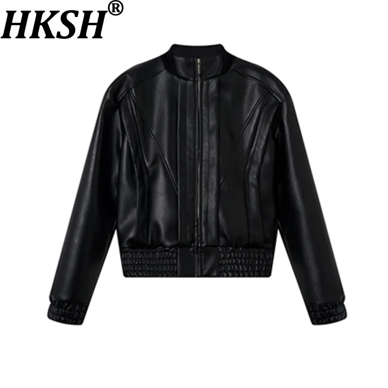 

HKSH Spring Autumn New Man Dark Style Stand Collar Padded Shoulder PU Leather Jacket Chic Zipper Pleated Moto Biker Coat HK13470