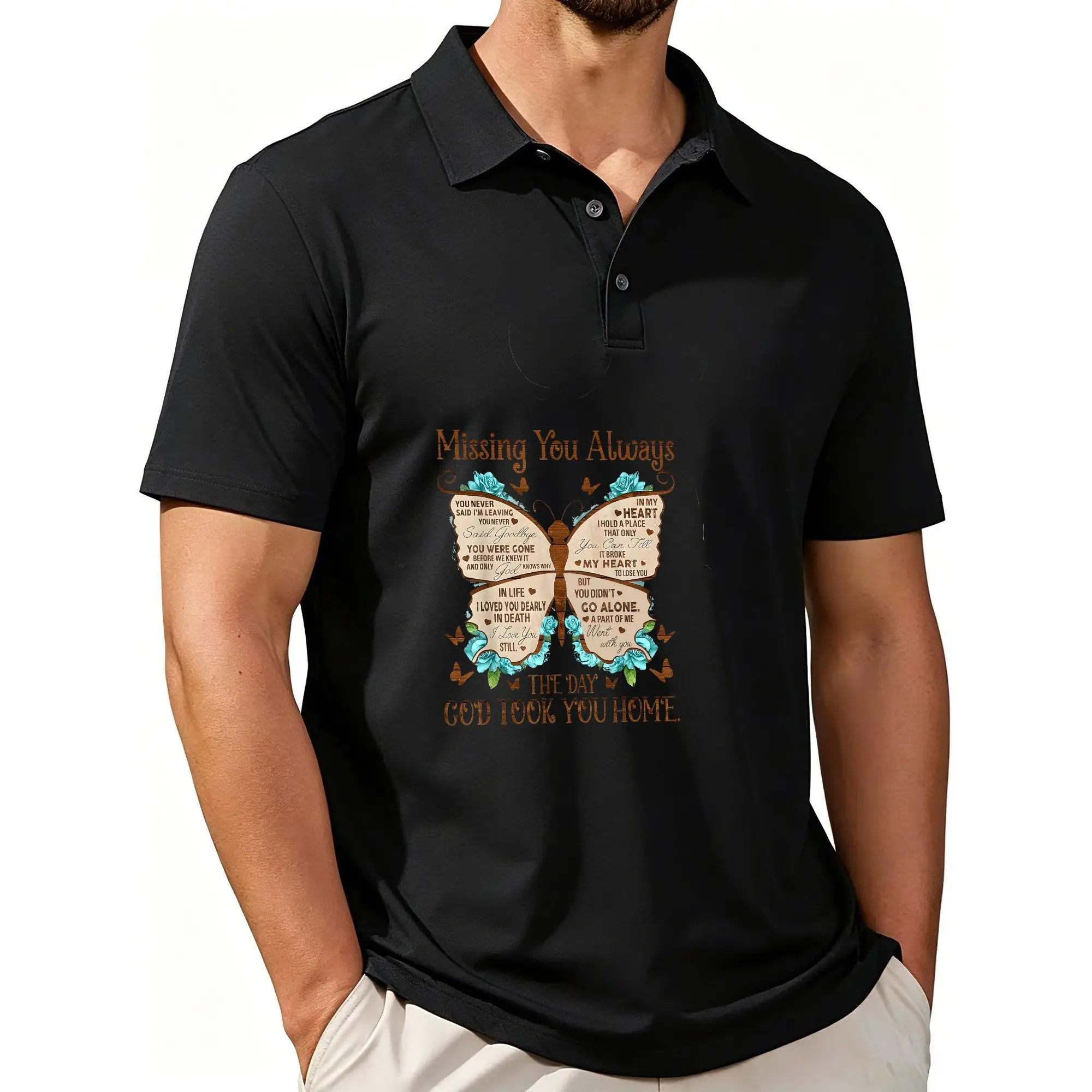Men's Printed Short-Sleeved Polo Shirt, a Memorial Edition in Honor of Those Who Have Passed Away, with a Butterfly Design. Stylish and Casual Fit, Breathable Fabric, Suitable for All Seasons.