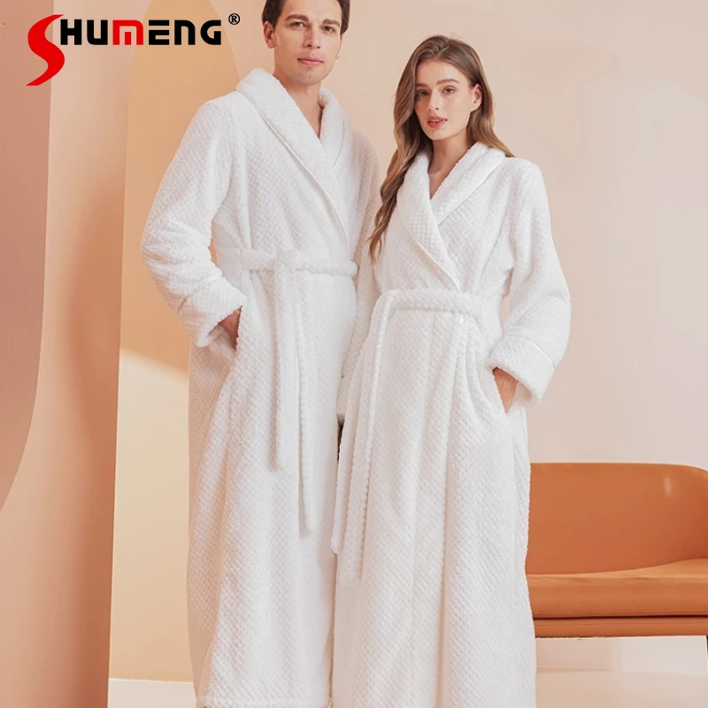 

Autumn Winter Long Nightgown for Women Japanese Style Pure White Couples Bathrobe Female Thickened Robes Underwear