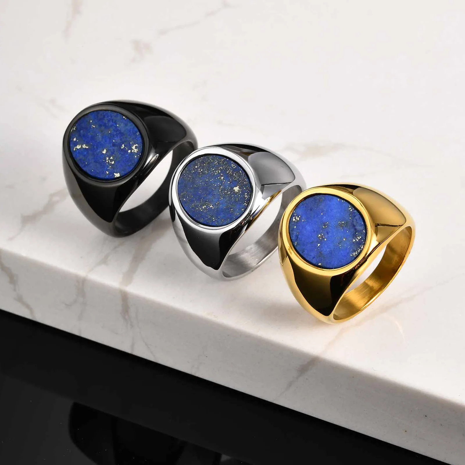 Waterproof Natural Stone Oval Ring for Men Boys,Stainless Steel Lapis Lazuli Stamp Ring Thumb Ring,Punk Birhtday Party Gift