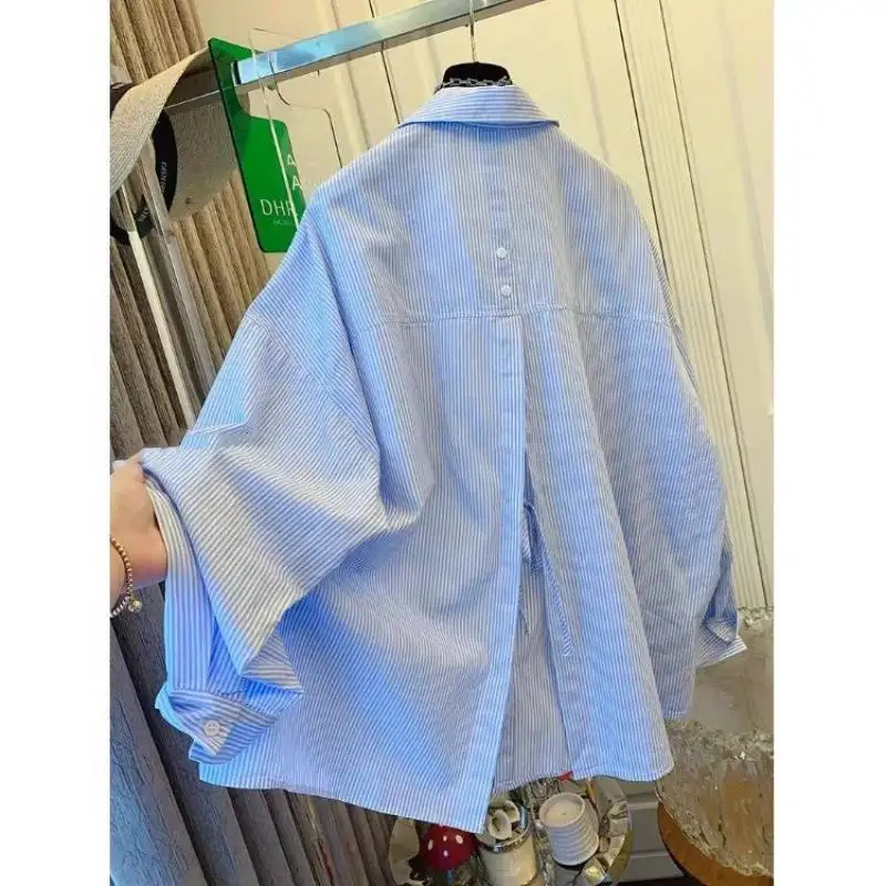 European-Style Vintage Blue Striped Long-Sleeve Shirt For Women, Summer Wear With A Stylish Design, Back Slit, Tie Detail,