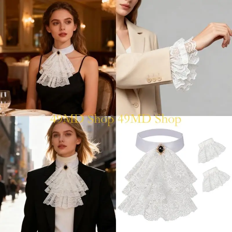 49MD Lightweight Victorian Lace False Collar and Cuffs Set for Various Occasion