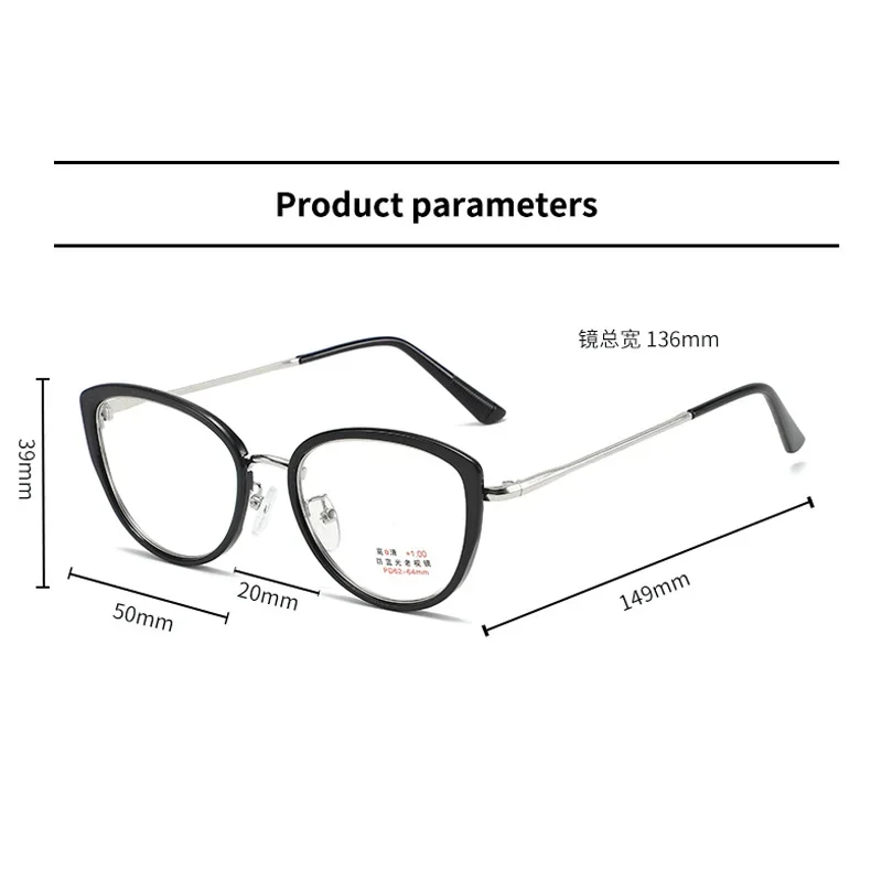 Round Frame Transparent Lens Reading Glasses Cat Eye Metal Computer Presbyopia Glasses High Definition Anti Blue Light Eyewear
