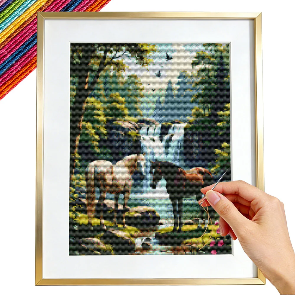 Cross Stitch Patterns Horse Animal Embroidery Waterfall Tree Guide For Beginners Needlework Printed Canvas 11CT Home Decor