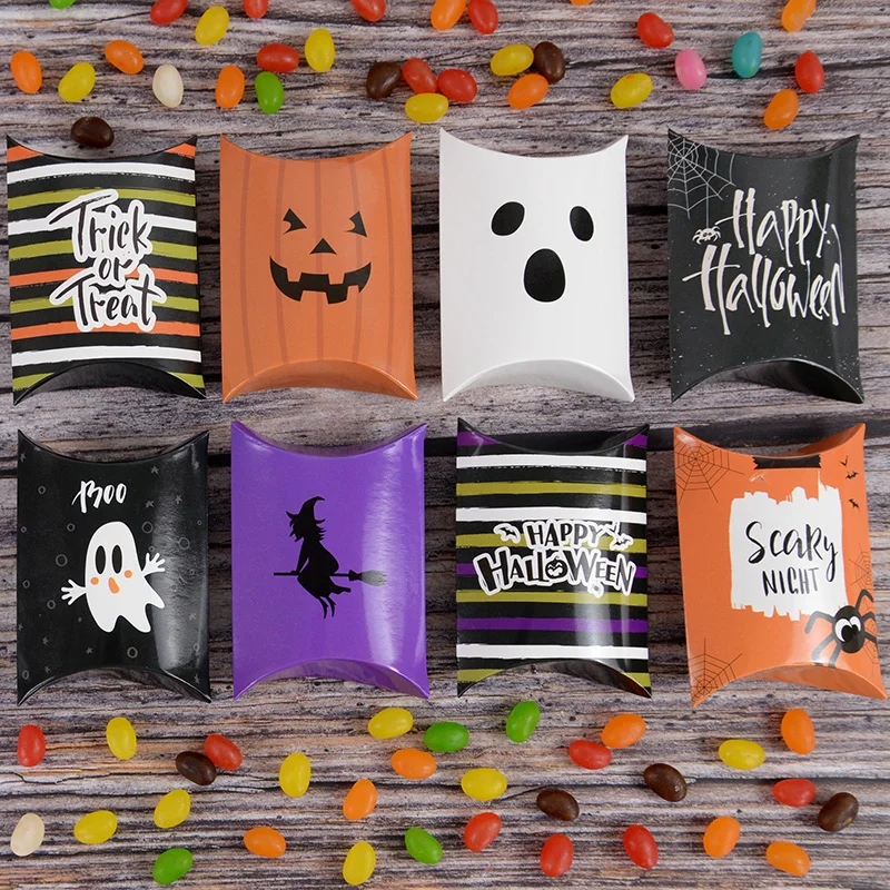 20pcs/Lot Pillow Shape Paper Candy Box Halloween Favor Cartoon Pumpkin Ghost Witch Cookie Gift Packaging Box Kids Favors