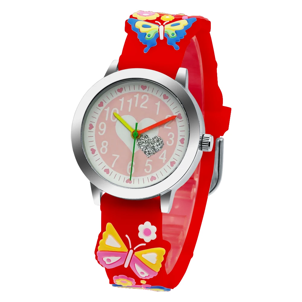 3D Butterfly Cartoon Silicone Watch Band Children's Watch Pink White Glow Small Dial Boys and Girls Sports Watch Clock Relojes